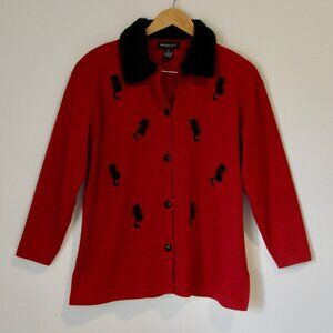 Red Knit Cardigan Sweater Jacket Faux Fur Collar Black Cats Size Medium Large XL